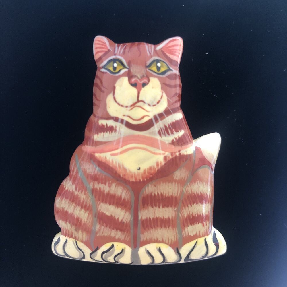 Vtg Tabby Cat Brooch Pin Ginger orange 80s Folk Art kitschy Novelty Teacher gift